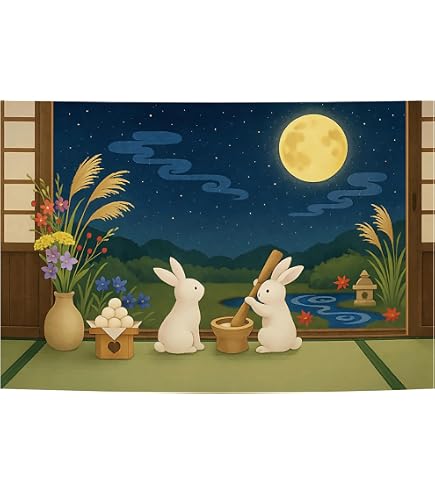 Amazon.co.jp: めでたや 季題 掛け軸 お月見 うさぎ 和紙 押絵 切り絵